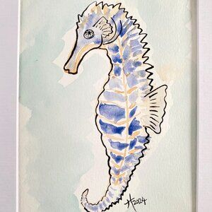 Blue Seahorse Original Watercolor Wall Art Painting 8x10in Matted Frame Ready
